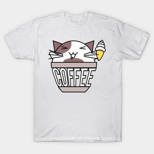 Cat in coffee cup with warped text holding ice cream white and brown T-Shirt by coffeewithkitty